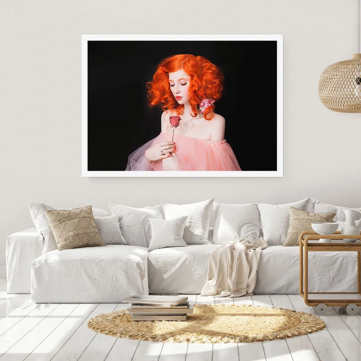 Poster - Eine Frau mit roten Haaren hält eine Rose - 100x70cm - Im barocken Stil - Moderne Wanddekoration für Wohnzimmer und Schlafzimmer ARTTOR