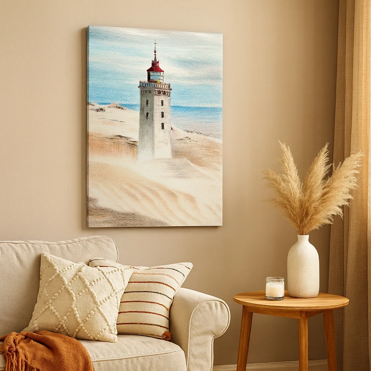 Bild auf Leinwand - Leinwandbild - Ein Leuchtturm, umgeben von Sanddünen und blauem Himmel - 50x70cm - Immer aufs Meer starrend - Moderne Wanddekoration für Wohnzimmer und Schlafzimmer ARTTOR