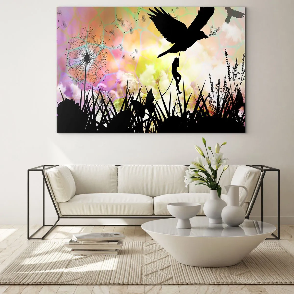 Glasbild - Bild auf glas - Illustration einer Figur, die vor einem Hintergrund aus bunten Blumen auf einen Vogel klettert. - 100x70cm - In märchenhafter Atmosphäre - Moderne Wanddekoration für Wohnzimmer und Schlafzimmer ARTTOR