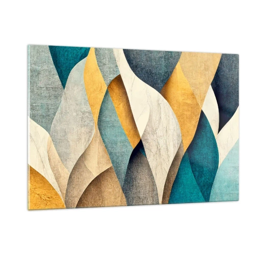 Glasbild - Bild auf glas - Abstrakte Formen in Gelb- und Blautönen - 120x80cm - Rhythmus und Welle - Moderne Wanddekoration für Wohnzimmer und Schlafzimmer ARTTOR