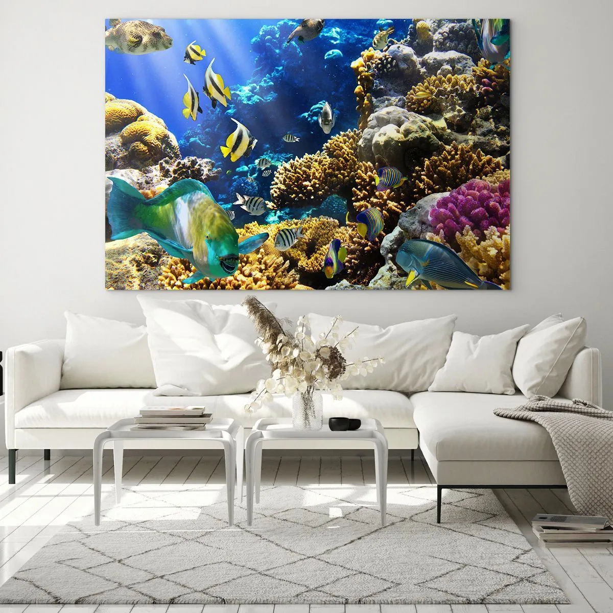 Glasbild - Bild auf glas - Korallenriff mit bunten Fischen und Unterwasserlicht - 100x70cm - Viel Verkehr auf dem Ferienweg - Moderne Wanddekoration für Wohnzimmer und Schlafzimmer ARTTOR