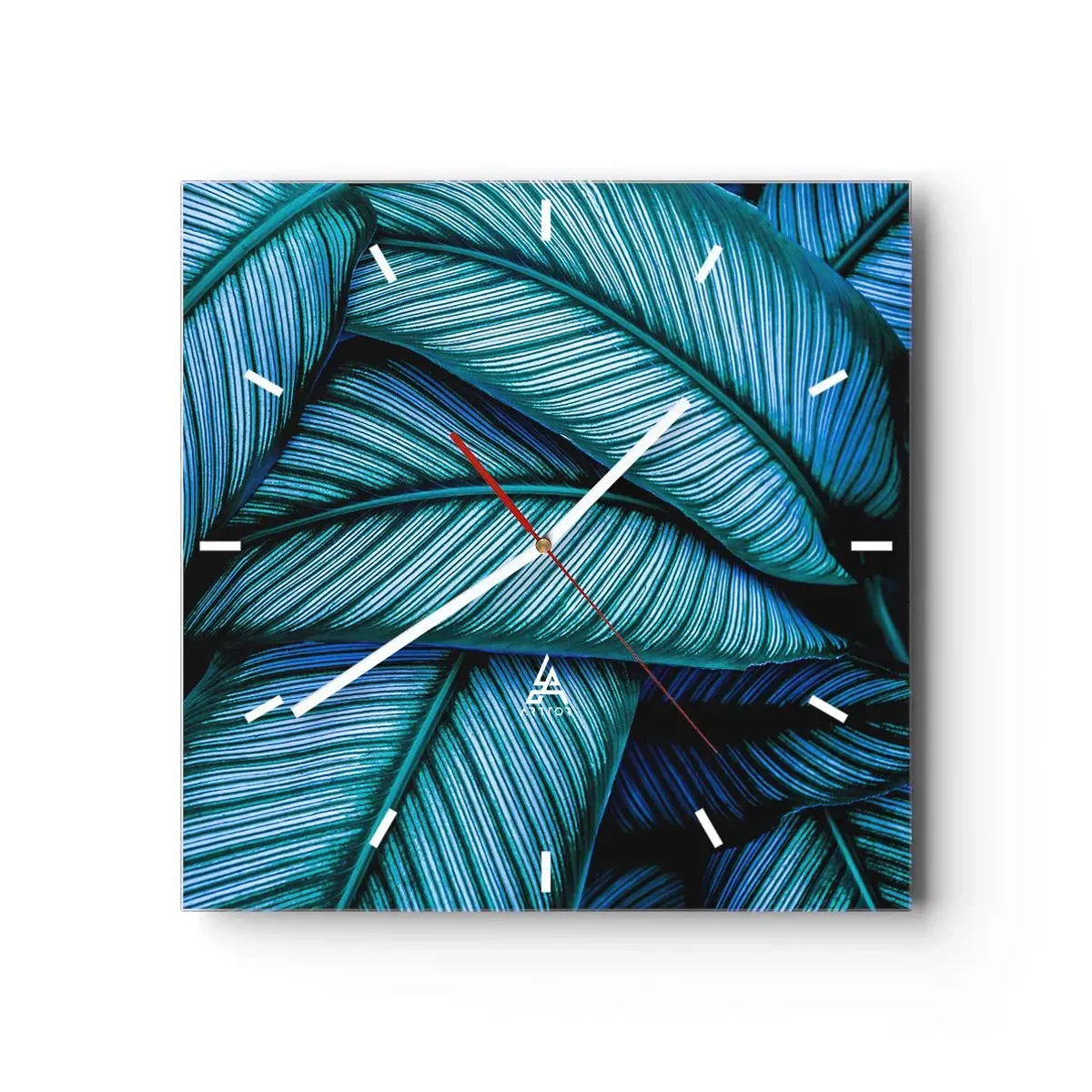 Wanduhr - Glasuhr - Eine Nahaufnahme von türkisfarbenen Blättern mit lebendigen Details. - 30x30cm - Lebenslinien - Moderne Wanddekoration für Wohnzimmer und Schlafzimmer ARTTOR