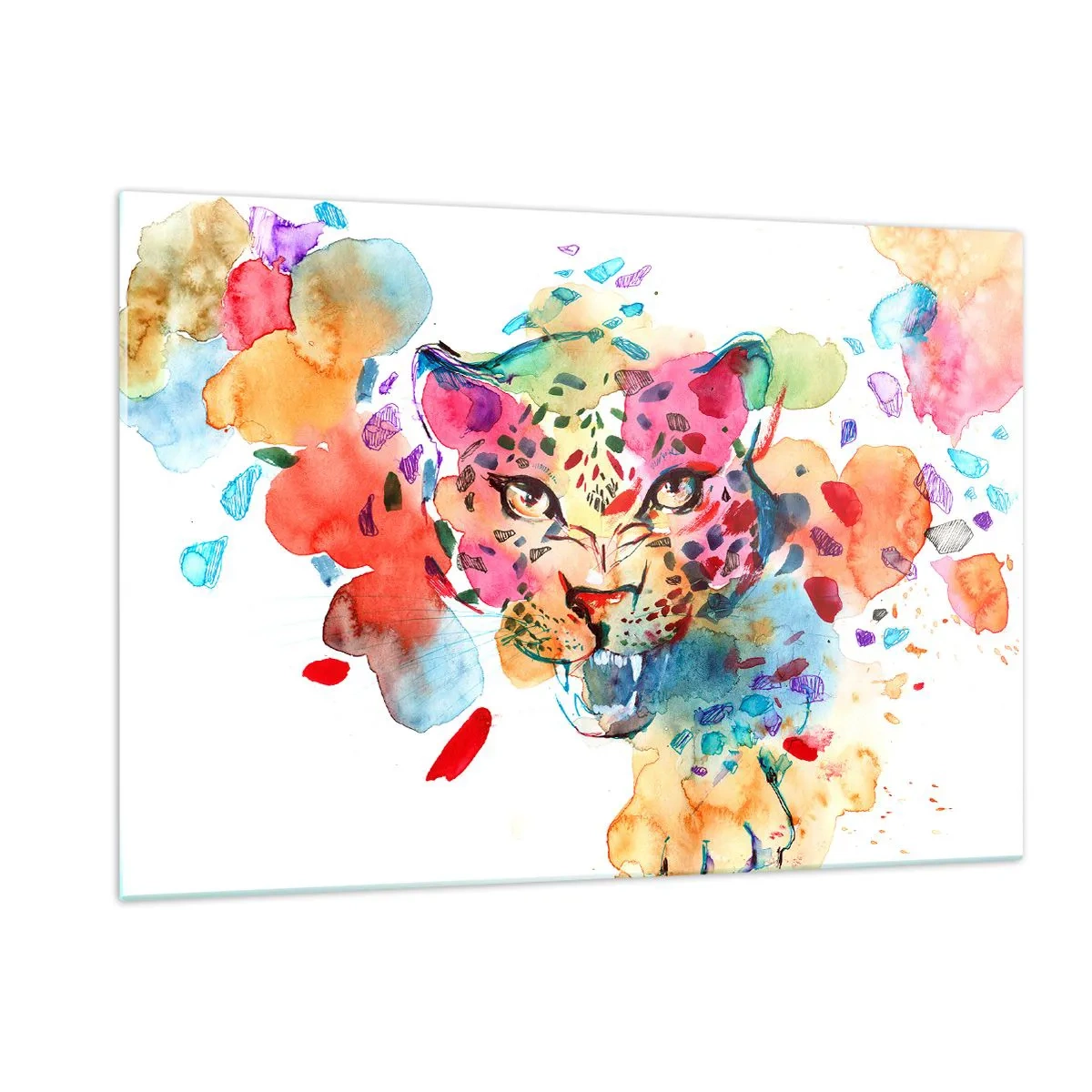 Glasbild - Bild auf glas - Buntes Aquarellporträt eines Leoparden - 120x80cm - Die Schöne und das Biest - Moderne Wanddekoration für Wohnzimmer und Schlafzimmer ARTTOR