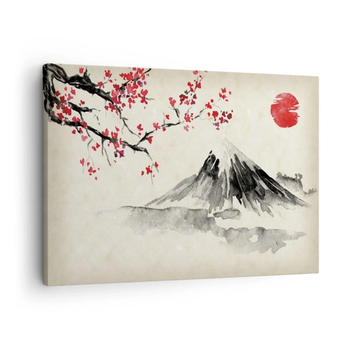 Bild auf Leinwand - Leinwandbild - Eine malerische Landschaft mit einem Berg, Kirschblüten und Sonnenschein - 70x50cm - Liebe Japan - Moderne Wanddekoration für Wohnzimmer und Schlafzimmer ARTTOR