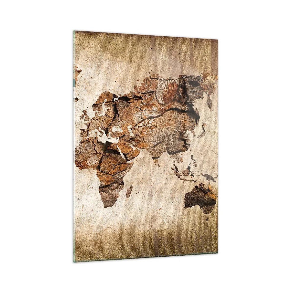 Glasbild - Bild auf glas - Eine Weltkarte in Brauntönen, die Holz imitieren - 50x70cm - Entdeckung der Welt - Moderne Wanddekoration für Wohnzimmer und Schlafzimmer ARTTOR