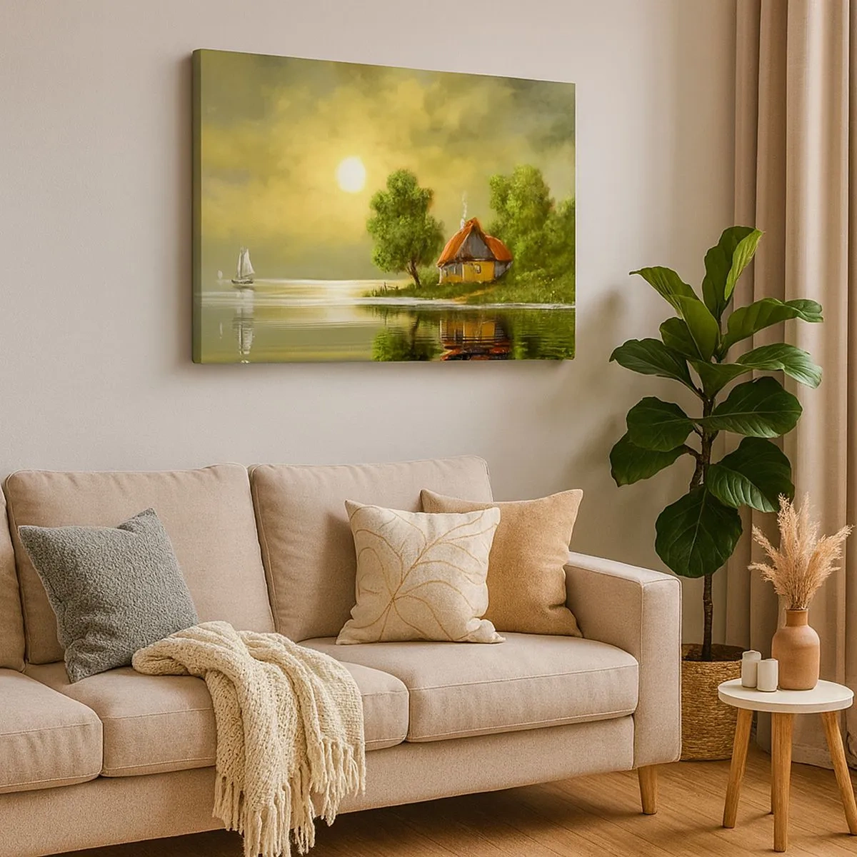 Bild auf Leinwand - Leinwandbild - Seehaus im Abendlicht - 70x50cm - Schön, wie ein Bild - Moderne Wanddekoration für Wohnzimmer und Schlafzimmer ARTTOR