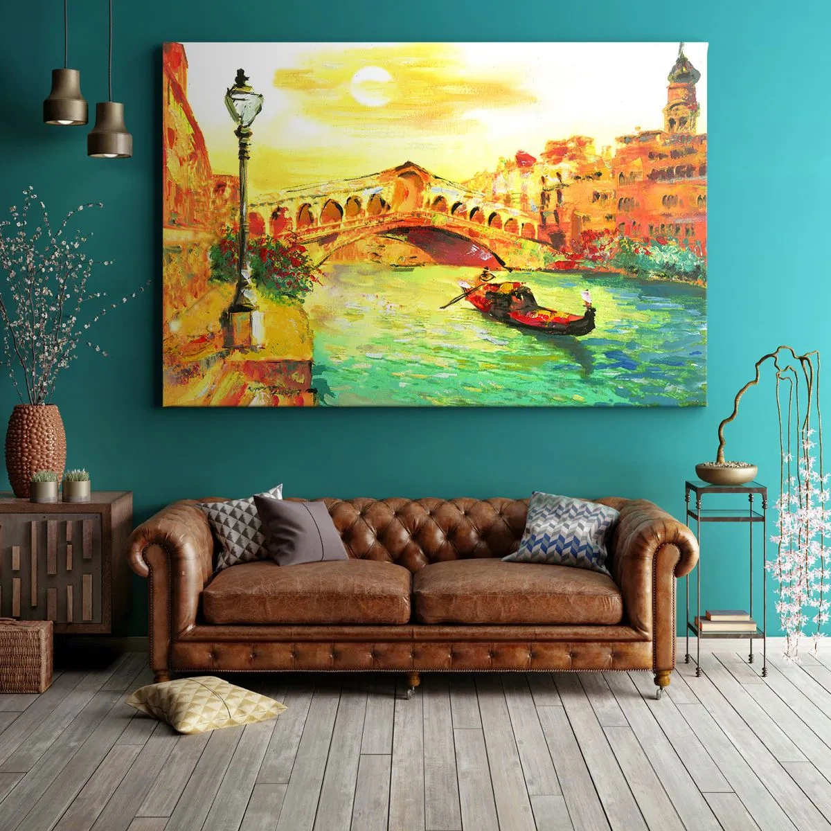 Bild auf Leinwand - Leinwandbild - Eine malerische Brücke über den Kanal mit einer Gondel im Licht der untergehenden Sonne - 70x50cm - Eine Pilgerreise der Liebenden - Moderne Wanddekoration für Wohnzimmer und Schlafzimmer ARTTOR