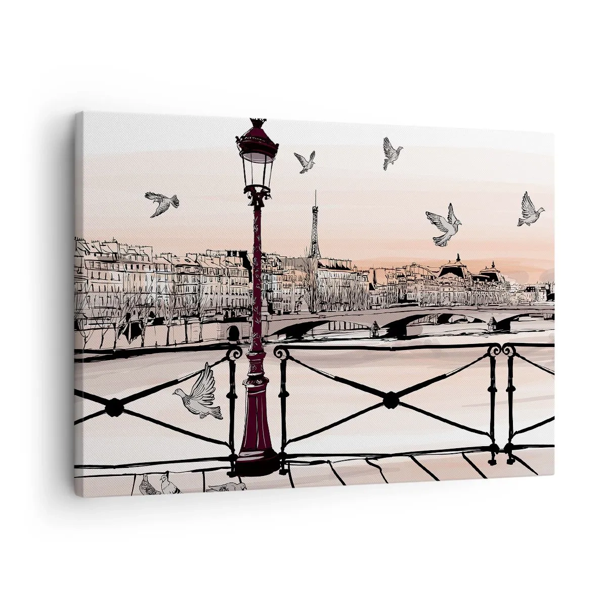 Bild auf Leinwand - Leinwandbild - Pariser Ansicht mit einer Laterne und einer Brücke - 70x50cm - Über den Dächern von Paris - Moderne Wanddekoration für Wohnzimmer und Schlafzimmer ARTTOR