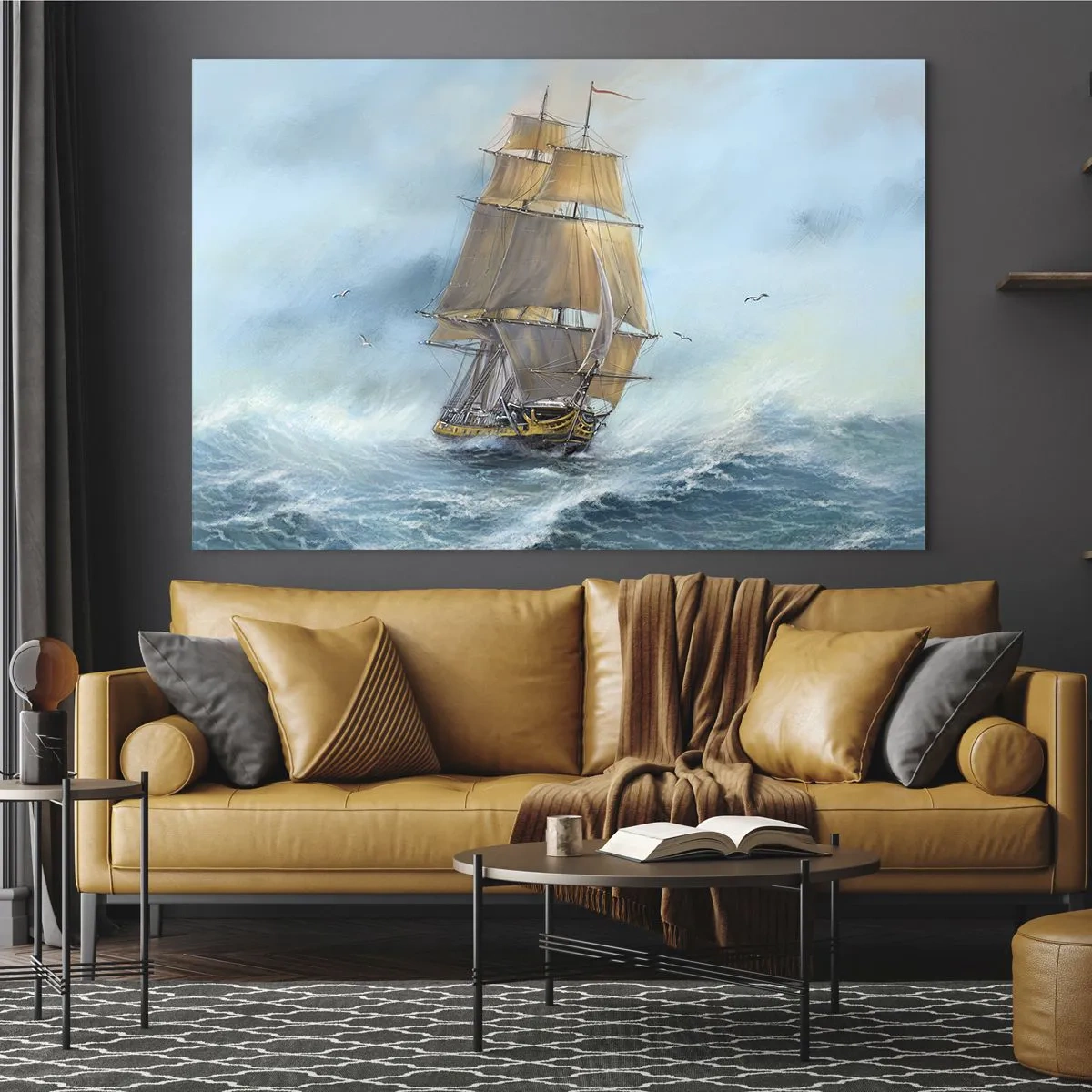 Glasbild - Bild auf glas - Ein Segelschiff auf stürmischer See im malerischen Stil - 120x80cm - Über die Wellen gleiten - Moderne Wanddekoration für Wohnzimmer und Schlafzimmer ARTTOR