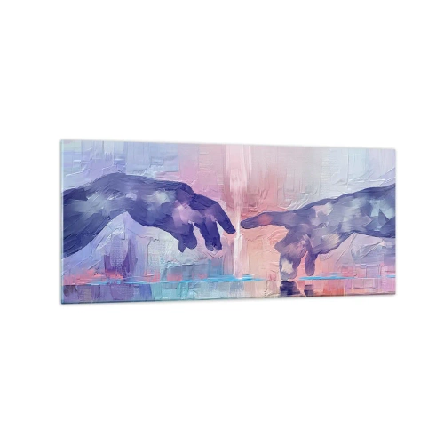 Glasbild - Bild auf glas - Symbolische Hände in abstrakten Farben, die auf das Thema der Schöpfung verweisen - 120x50cm - Göttlicher Funke des Lebens - Moderne Wanddekoration für Wohnzimmer und Schlafzimmer ARTTOR