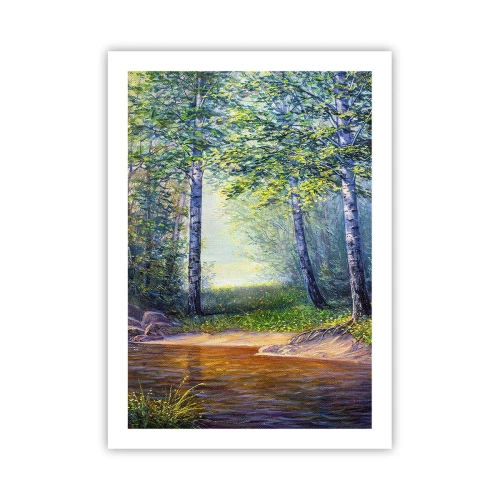 Poster - Eine Waldlichtung mit Birken und einem Bach in den Strahlen der Sonne - 50x70cm - Idyllische Landschaft - Moderne Wanddekoration für Wohnzimmer und Schlafzimmer ARTTOR
