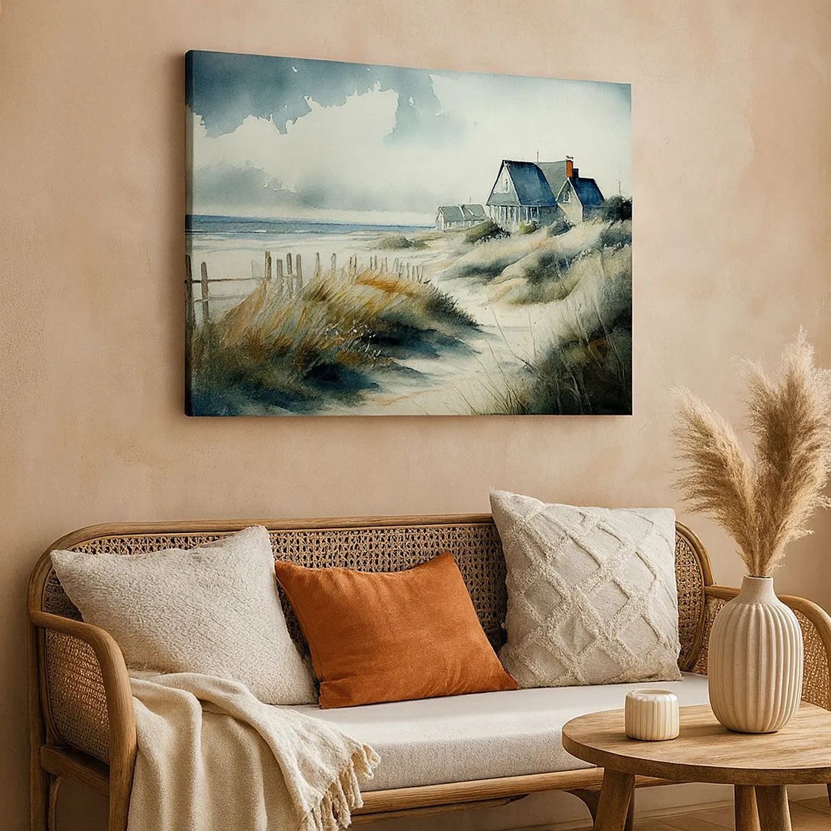 Bild auf Leinwand - Leinwandbild - Ein Haus am Meer, umgeben von Gras und mit Blick auf das Meer - 70x50cm - Abseits vom Trubel - Moderne Wanddekoration für Wohnzimmer und Schlafzimmer ARTTOR