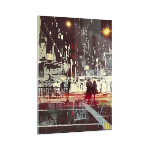 Glasbild - Bild auf glas - Nachtstadtbild mit Neonlichtern und Silhouetten von Passanten - 50x70cm - Eine große Stadtüberquerung - Moderne Wanddekoration für Wohnzimmer und Schlafzimmer ARTTOR