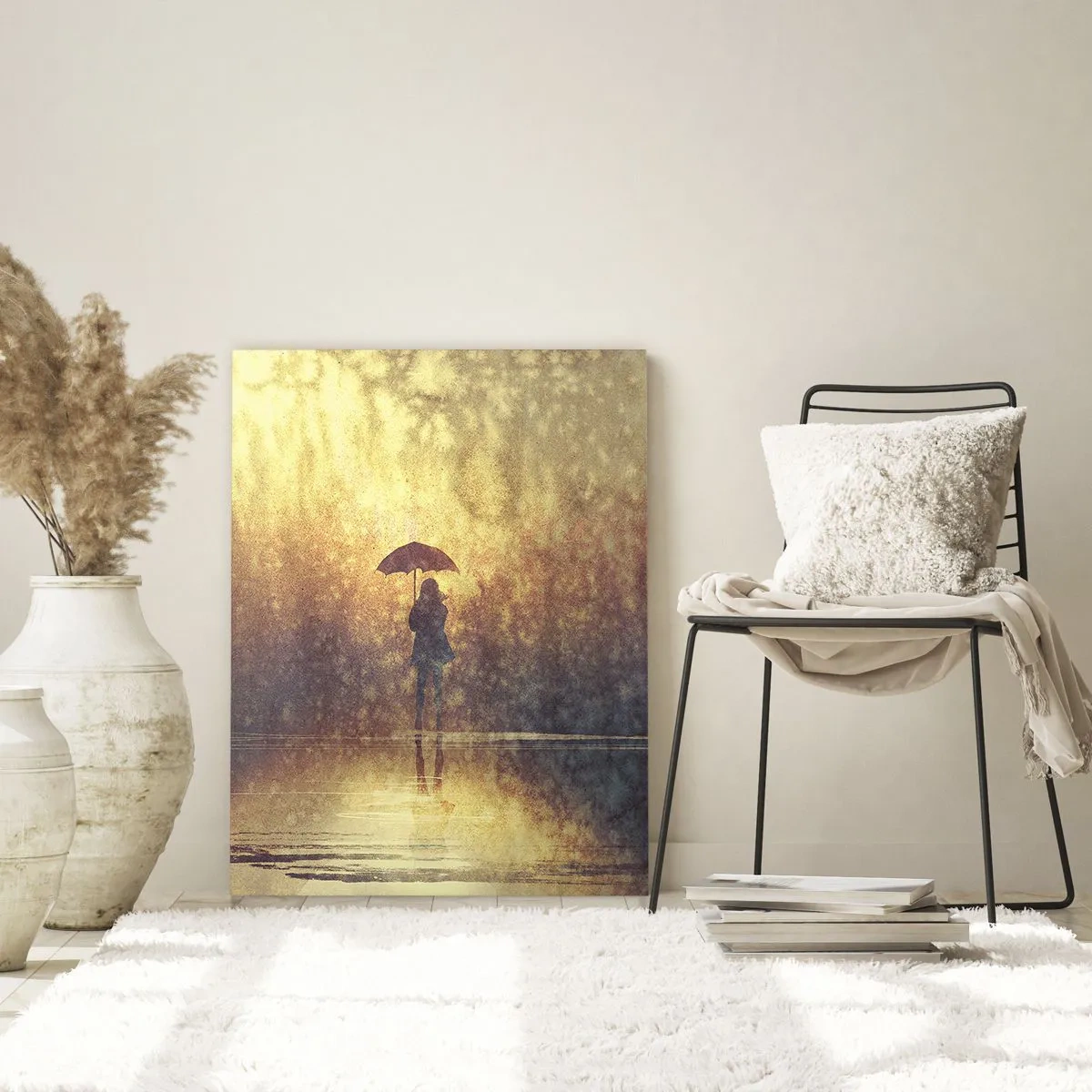 Glasbild - Bild auf glas - Eine Figur mit Regenschirm im Licht der untergehenden Sonne und des Regens - 50x70cm - Ich habe das Gefühl, dass mich jemand ansieht - Moderne Wanddekoration für Wohnzimmer und Schlafzimmer ARTTOR