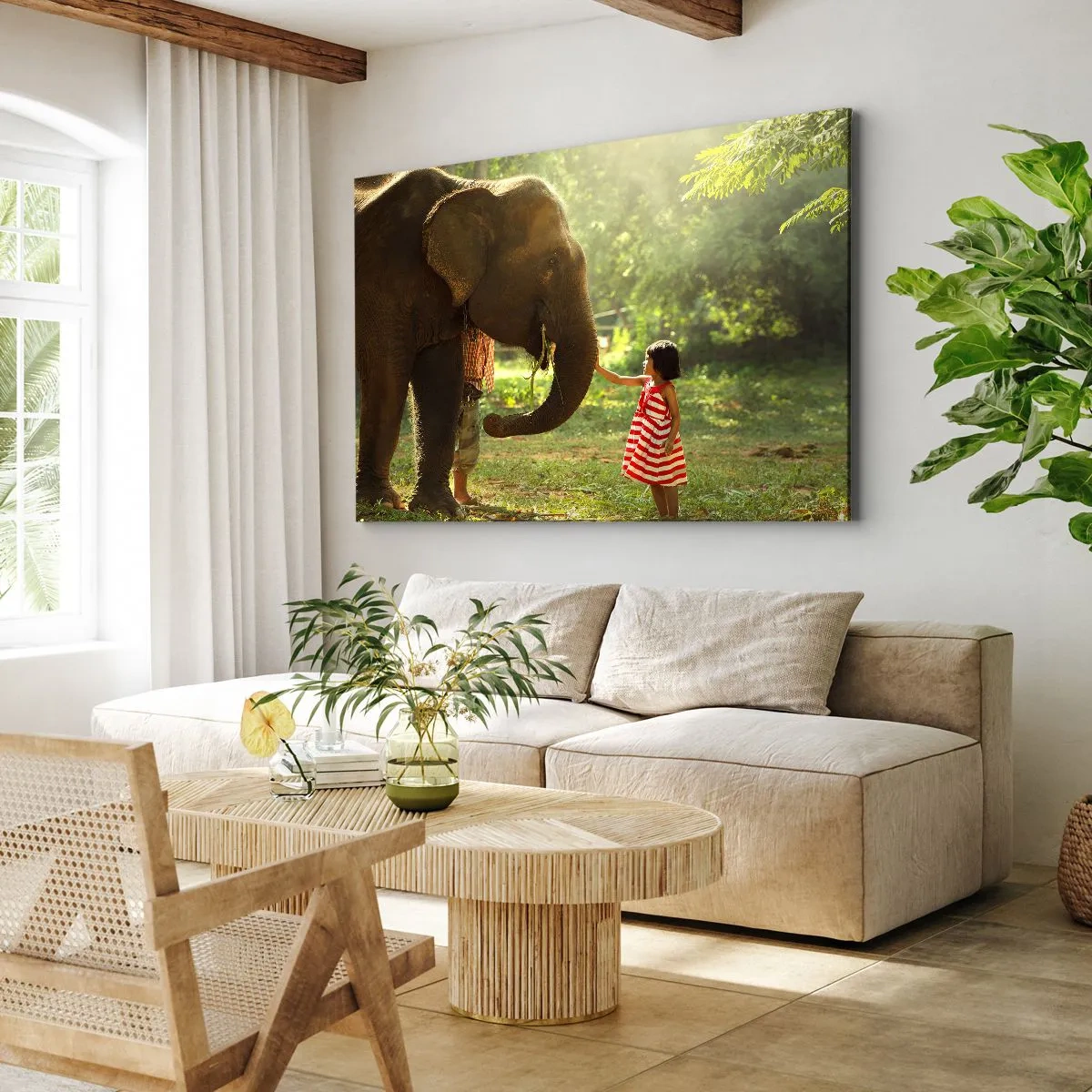 Bild auf Leinwand - Leinwandbild - Ein Mädchen in einem roten Kleid berührt einen Elefanten im Wald. - 70x50cm - Die Stärke der Freundschaft - Moderne Wanddekoration für Wohnzimmer und Schlafzimmer ARTTOR