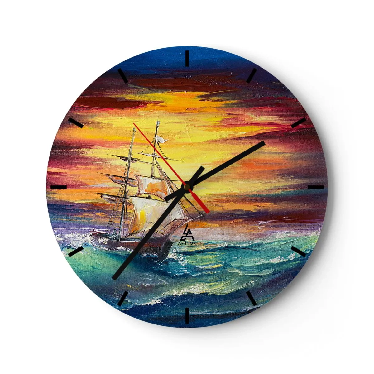 Wanduhr - Glasuhr - Ein Segelschiff in stürmischer See bei Sonnenuntergang - 30x30cm - Tapfer unter den Wellen - Moderne Wanddekoration für Wohnzimmer, Küche und Schlafzimmer ARTTOR