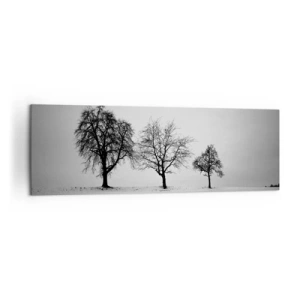 Bild auf Leinwand - Leinwandbild - Drei Bäume auf einem schneebedeckten Feld im monochromen Stil - 160x50cm - Wovon träumen sie? - Moderne Wanddekoration für Wohnzimmer und Schlafzimmer ARTTOR