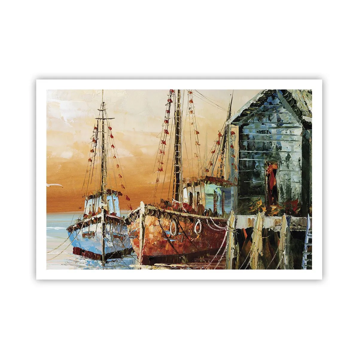 Poster - Boote am Ufer im warmen Licht des Sonnenuntergangs - 100x70cm - Friedliche Rückkehr - Moderne Wanddekoration für Wohnzimmer und Schlafzimmer ARTTOR