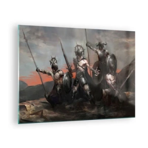 Glasbild - Bild auf glas - Krieger mit Speeren und Schilden vor dem roten Himmel - 70x50cm - Mit oder auf einem Schild - Moderne Wanddekoration für Wohnzimmer und Schlafzimmer ARTTOR
