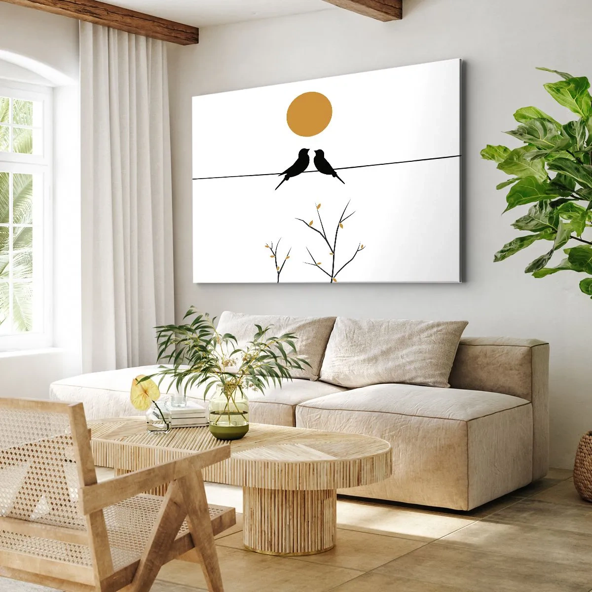 Bild auf Leinwand - Leinwandbild - Vögel auf einer Linie mit einer gelben Sonne - 100x70cm - Abend der Nachtigallen - Moderne Wanddekoration für Wohnzimmer und Schlafzimmer ARTTOR