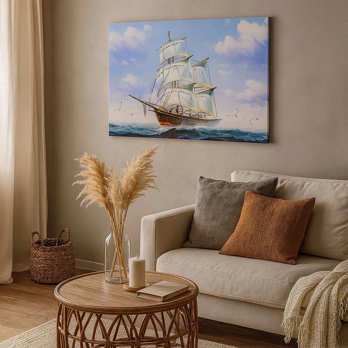Bild auf Leinwand - Leinwandbild - Ein Segelschiff auf offener See unter blauem Himmel - 70x50cm - Mit Stolz mit dem Wind - Moderne Wanddekoration für Wohnzimmer und Schlafzimmer ARTTOR
