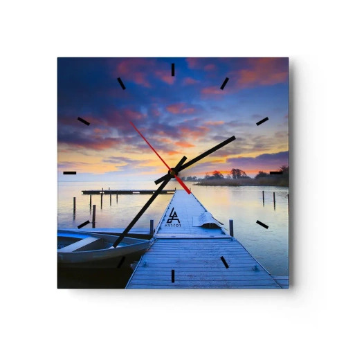 Wanduhr - Glasuhr - Ein Seesteg bei Sonnenuntergang mit einem Boot am Ufer - 30x30cm - Violett-goldene Ruhe - Moderne Wanddekoration für Wohnzimmer und Schlafzimmer ARTTOR