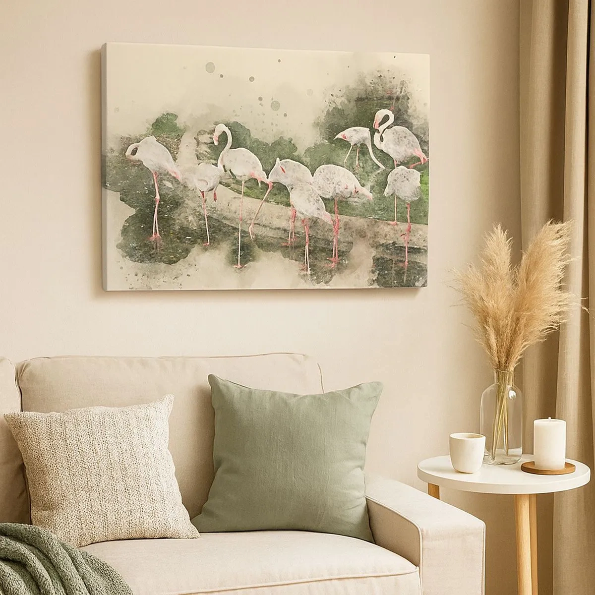 Bild auf Leinwand - Leinwandbild - Flamingos in ihrer natürlichen Umgebung im Aquarellstil - 70x50cm - Exotischer Traum - Moderne Wanddekoration für Wohnzimmer und Schlafzimmer ARTTOR