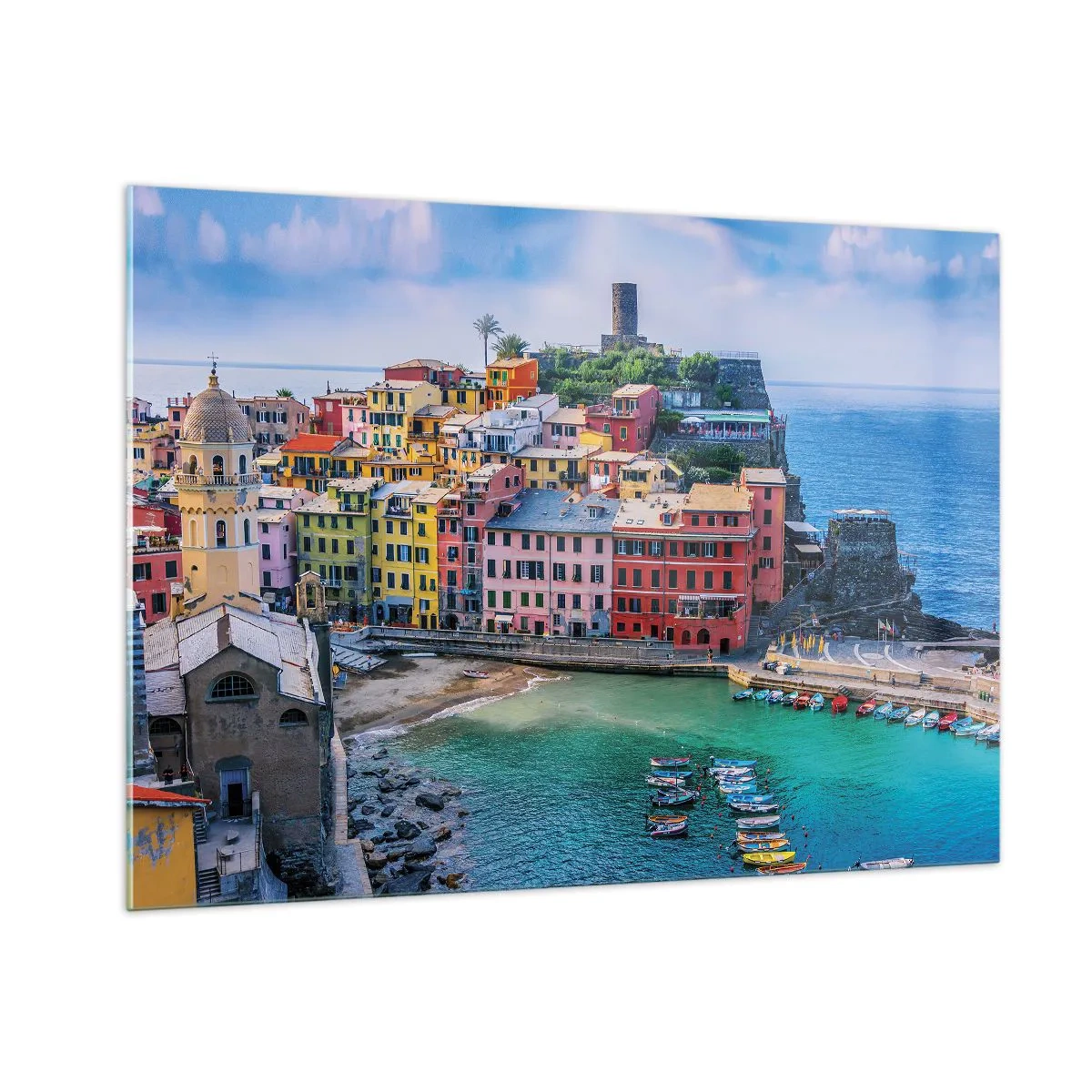 Glasbild - Bild auf glas - Eine farbenfrohe Mittelmeerstadt am blauen Meer - 100x70cm - Mediterrane Zauberstadt - Moderne Wanddekoration für Wohnzimmer und Schlafzimmer ARTTOR