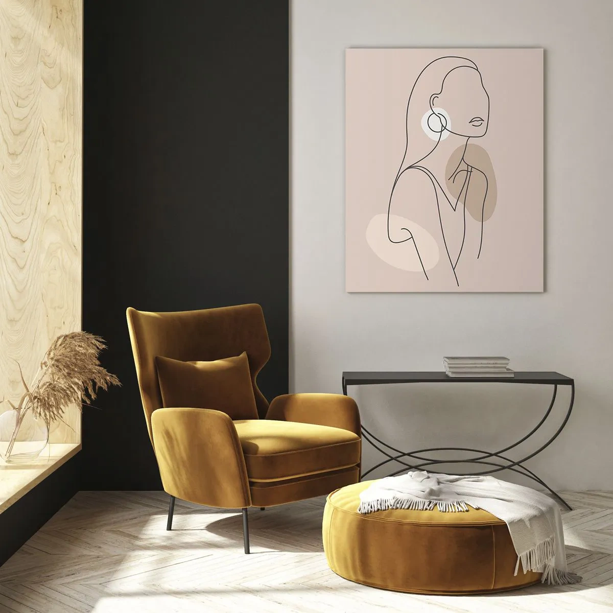 Glasbild - Bild auf glas - Minimalistische Illustration einer Frau mit Umrissen auf beigem Hintergrund - 70x100cm - Mädchenhafte Ikone - Moderne Wanddekoration für Wohnzimmer und Schlafzimmer ARTTOR