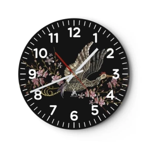 Wanduhr - Glasuhr - Exotischer gestickter Vogel - 30x30 cm