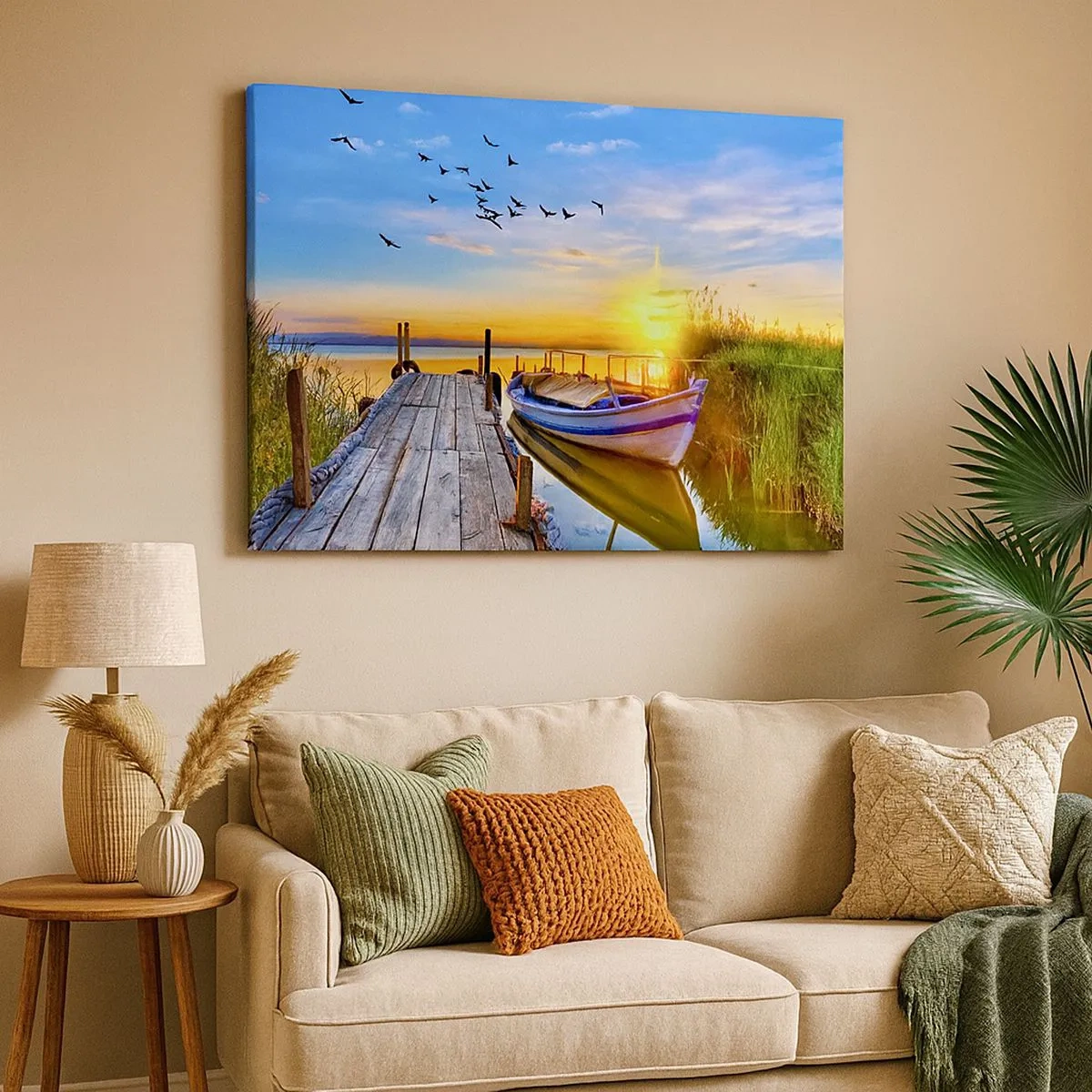 Bild auf Leinwand - Leinwandbild - Ein Boot an einem Holzsteg bei Sonnenuntergang - 70x50cm - Bis morgen - Moderne Wanddekoration für Wohnzimmer und Schlafzimmer ARTTOR