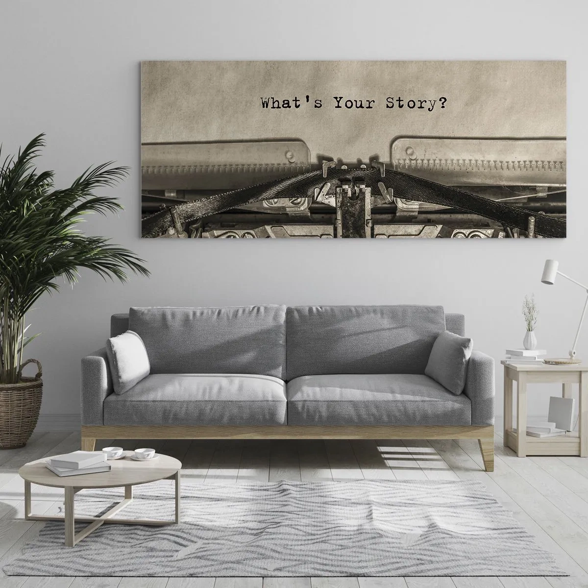 Glasbild - Bild auf glas - Eine Schreibmaschine mit den Worten „Was ist Ihre Geschichte?“ - 160x50cm - Erzähl es mir - Moderne Wanddekoration für Wohnzimmer und Schlafzimmer ARTTOR