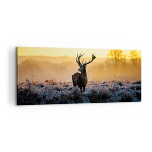 Bild auf Leinwand - Leinwandbild - Ein Reh auf einer frostigen Lichtung bei Sonnenaufgang - 120x50cm - Gekrönt auf seinem Besitz - Moderne Wanddekoration für Wohnzimmer und Schlafzimmer ARTTOR