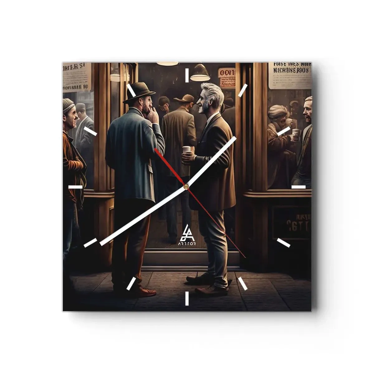 Wanduhr - Glasuhr - Straßenszene mit Menschen vor einem Retro-Café - 30x30cm - Gute Zeit des Tages - Moderne Wanddekoration für Wohnzimmer und Schlafzimmer ARTTOR