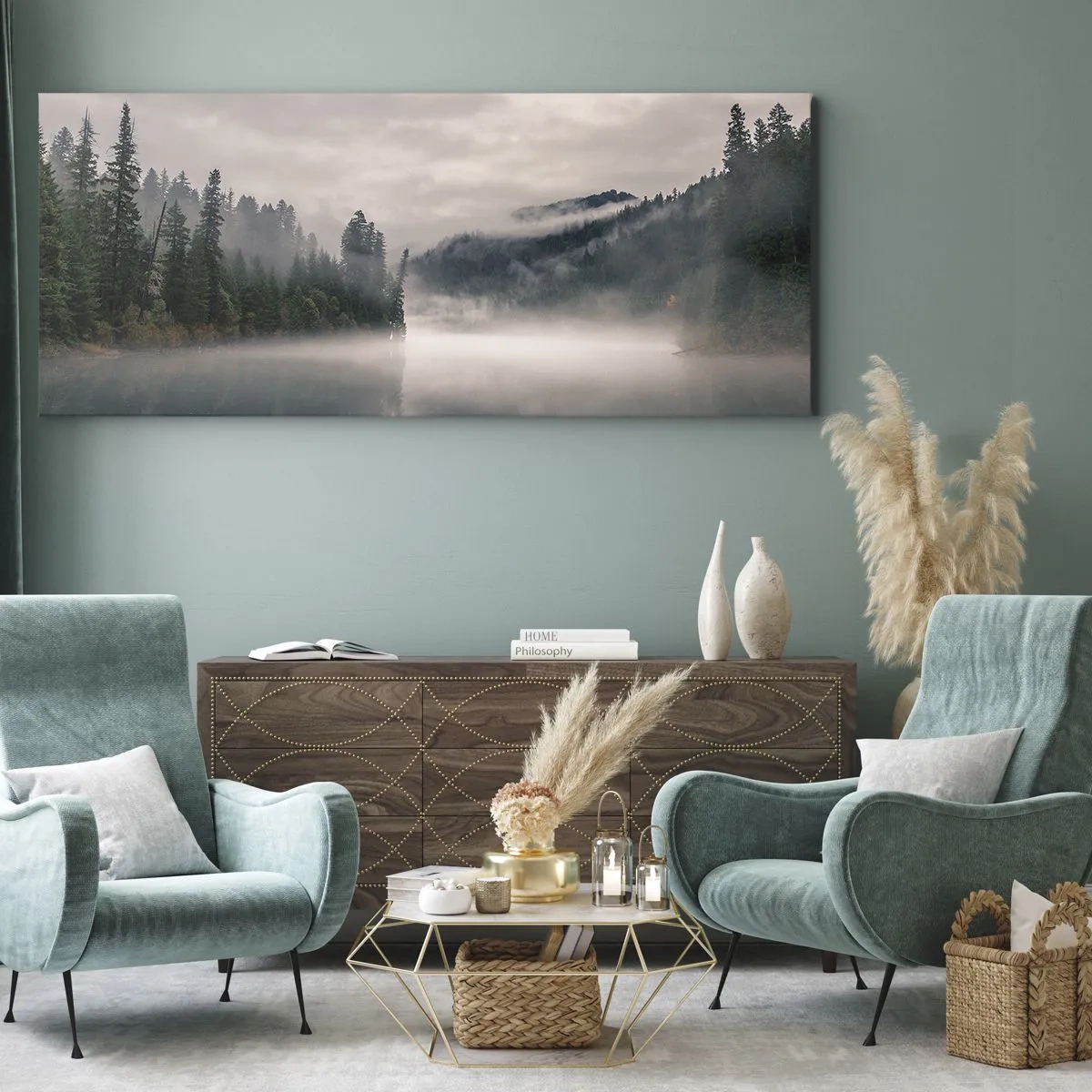 Bild auf Leinwand - Leinwandbild - Ein nebliger Wald spiegelt sich in einem ruhigen See - 160x50cm - In Reflexion, im Nebel - Moderne Wanddekoration für Wohnzimmer und Schlafzimmer ARTTOR