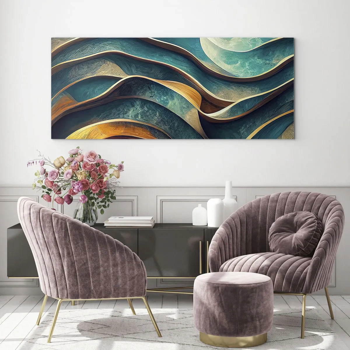 Glasbild - Bild auf glas - Blaue Mäander - 90x30 cm