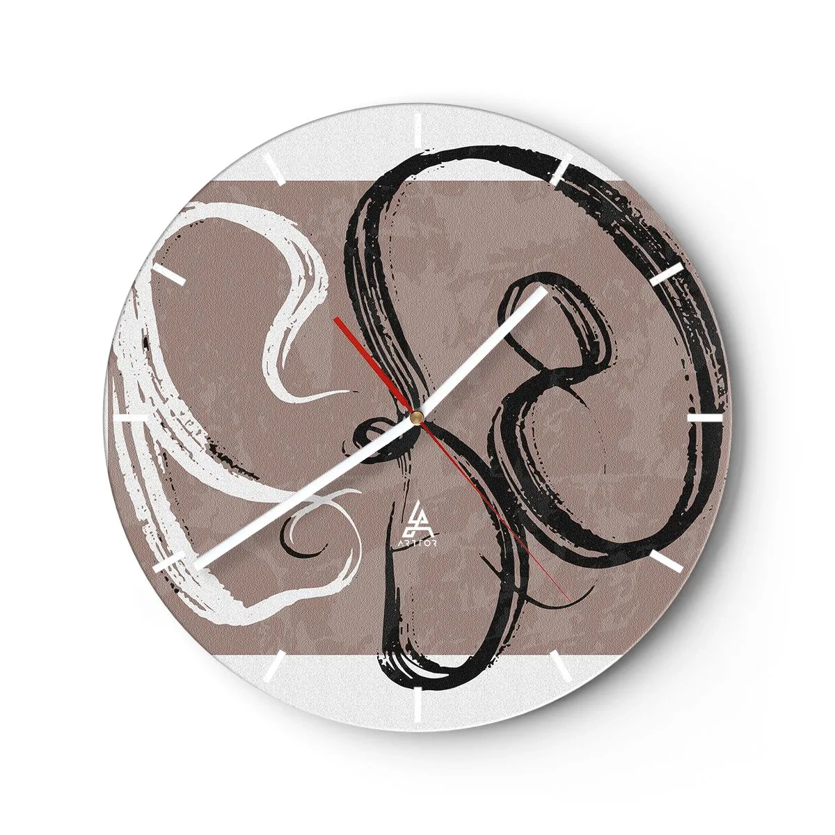 Wanduhr - Glasuhr - Brauner Hintergrund mit ausdrucksstarken schwarzen und weißen Pinselstrichen - 30x30cm - Komposition – die Suche nach Fülle - Moderne Wanddekoration für Wohnzimmer, Küche und Schlafzimmer ARTTOR