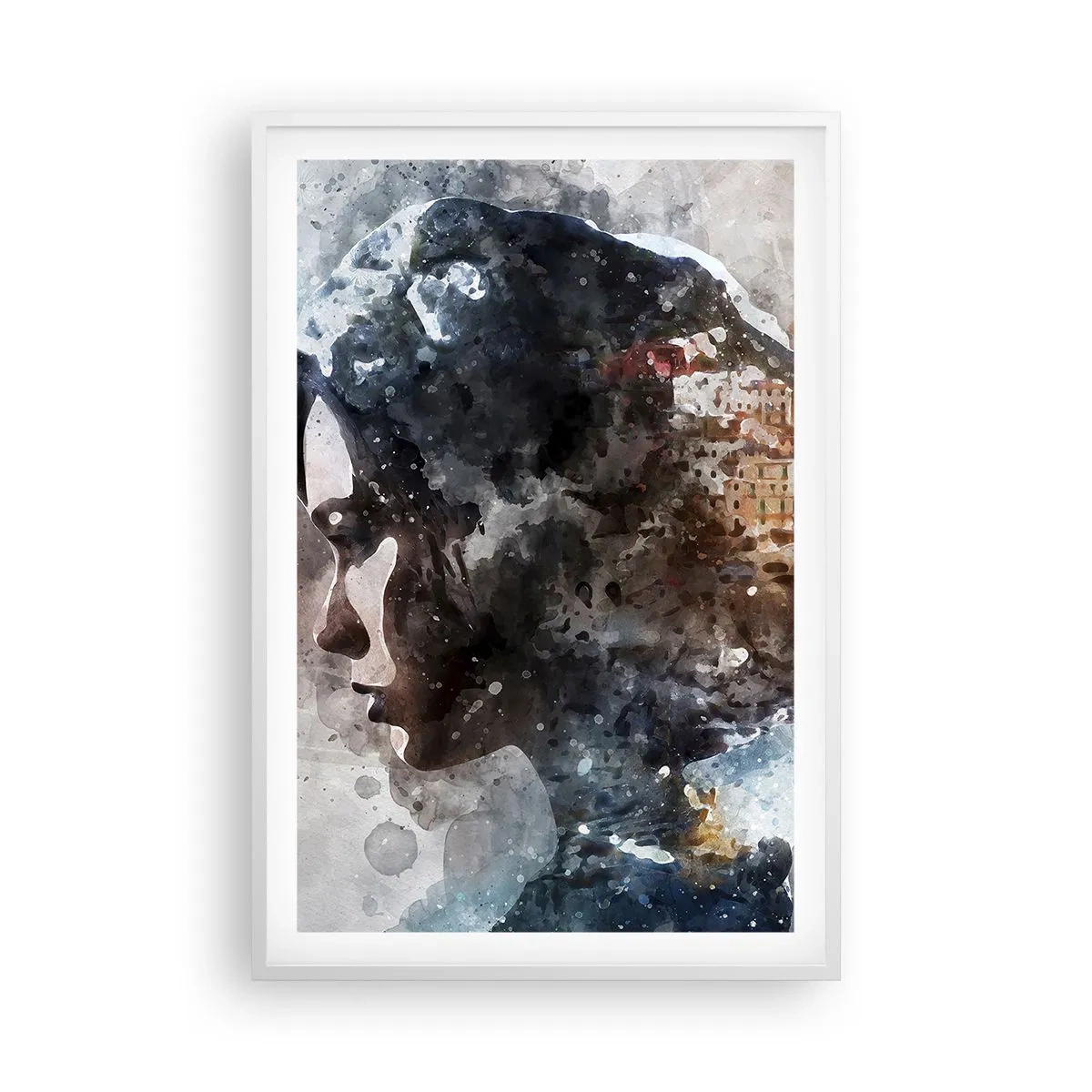 Poster in einem weißen Rahmen - Eine Geschichte über ein Mädchen mit einer Stadt im Hintergrund - 61x91 cm