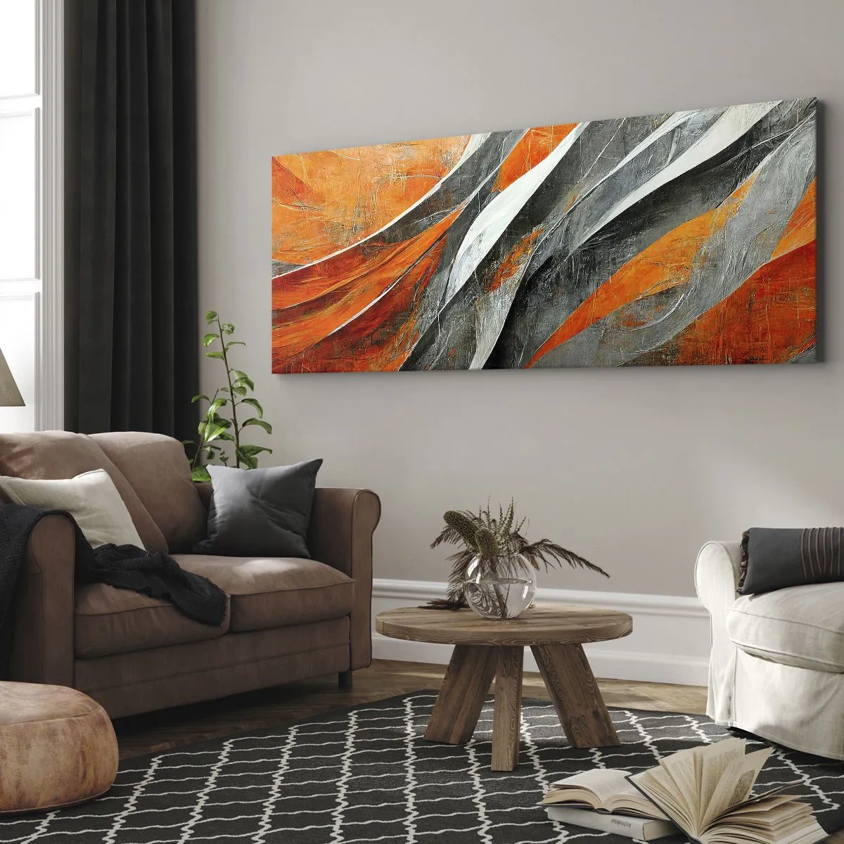 Bild auf Leinwand - Leinwandbild - Abstrakte Linien in Orange- und Grautönen - 160x50cm - Hitze und Kälte - Moderne Wanddekoration für Wohnzimmer und Schlafzimmer ARTTOR