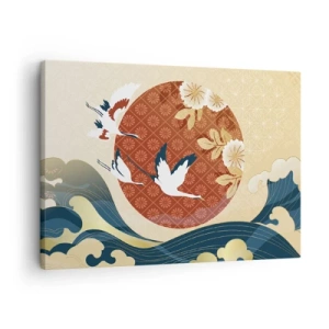 Bild auf Leinwand - Leinwandbild - Japanische Komposition mit Kranichen und Wellen - 70x50cm - Japanisches Märchen - Moderne Wanddekoration für Wohnzimmer und Schlafzimmer ARTTOR