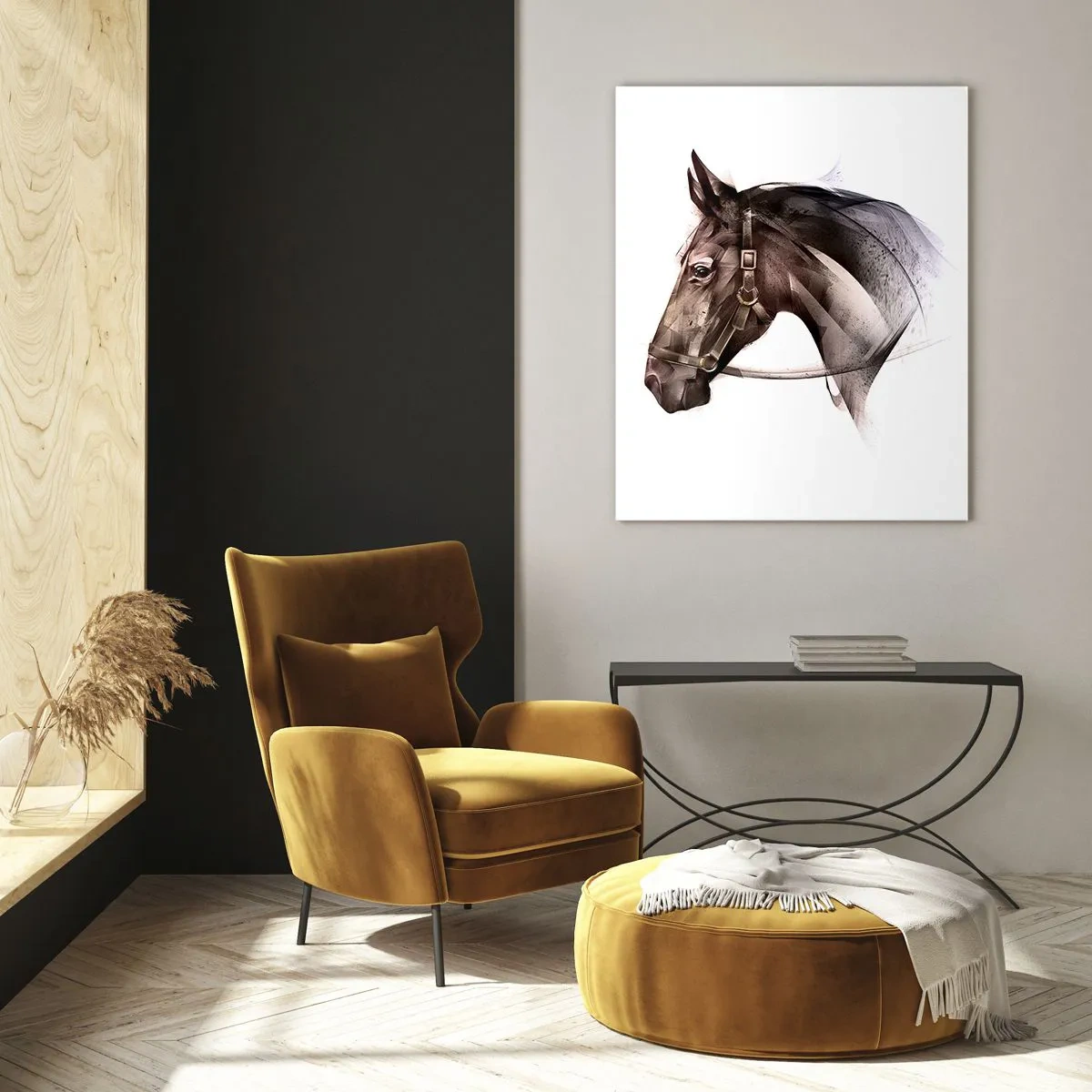 Glasbild - Bild auf glas - Ein Pferdeprofil in filigraner künstlerischer Form auf weißem Hintergrund - 70x100cm - Was für eine Gnade - Moderne Wanddekoration für Wohnzimmer und Schlafzimmer ARTTOR