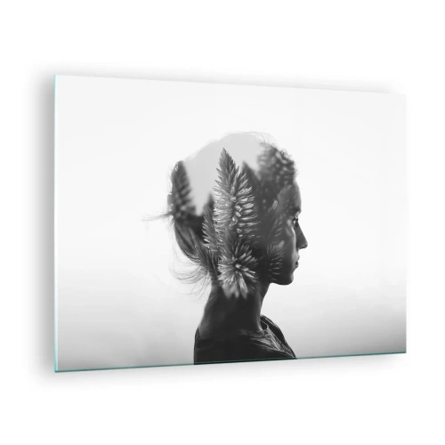 Glasbild - Bild auf glas - Eine Frau in Schwarz-Weiß mit einem darüber gelegten Nadelwaldmotiv - 70x50cm - Dame des Kiefernwaldes - Moderne Wanddekoration für Wohnzimmer und Schlafzimmer ARTTOR