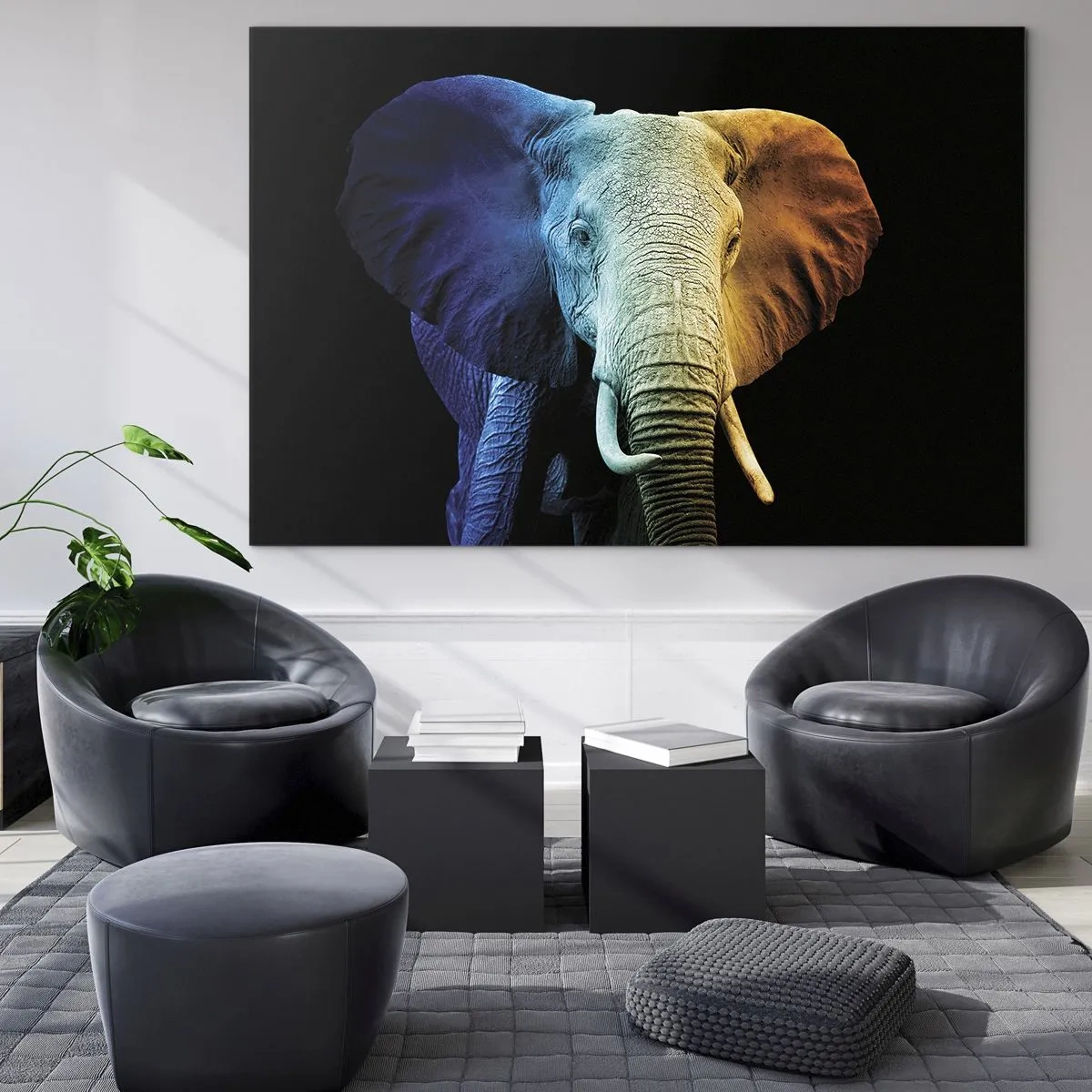 Glasbild - Bild auf glas - Buntes Porträt eines Elefanten auf schwarzem Hintergrund - 70x50cm - Exzentrisch, kein Verrückter - Moderne Wanddekoration für Wohnzimmer und Schlafzimmer ARTTOR