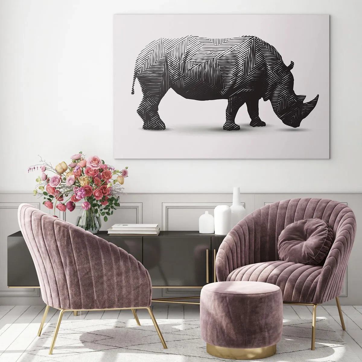 Glasbild - Bild auf glas - Schwarz-weißes Nashorn mit geometrischen Mustern - 120x80cm - Geometrische Schönheit der Natur - Moderne Wanddekoration für Wohnzimmer und Schlafzimmer ARTTOR