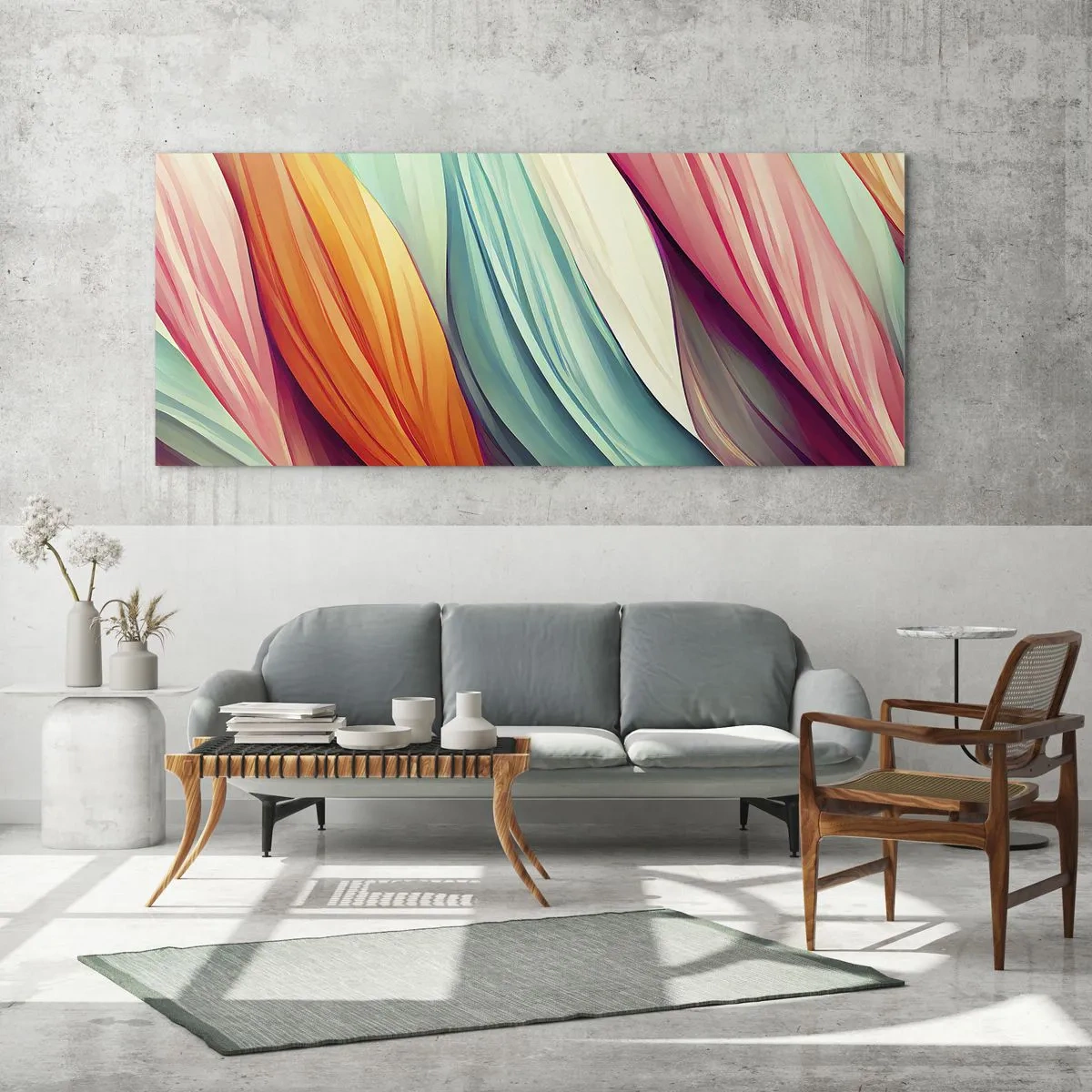 Glasbild - Bild auf glas - Abstrakte Linien in Pastell- und leuchtenden Farben - 140x50cm - Regenbogengewebe - Moderne Wanddekoration für Wohnzimmer und Schlafzimmer ARTTOR
