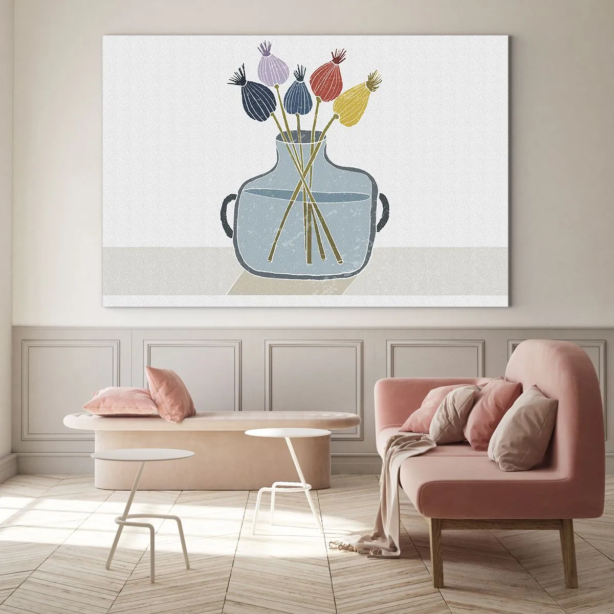 Glasbild - Bild auf glas - Dekorative Mohnköpfe in einer Kanne im grafischen Stil - 100x70cm - Es ist mucksmäuschenstill - Moderne Wanddekoration für Wohnzimmer und Schlafzimmer ARTTOR