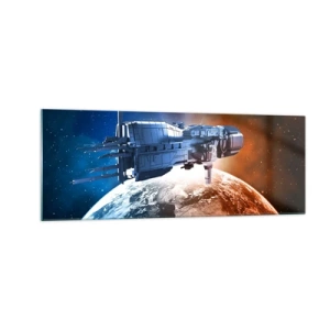 Glasbild - Bild auf glas - Ein Raumschiff vor dem Hintergrund eines Planeten im Weltraum - 140x50cm - Ein aufmerksamer Beobachter - Moderne Wanddekoration für Wohnzimmer und Schlafzimmer ARTTOR