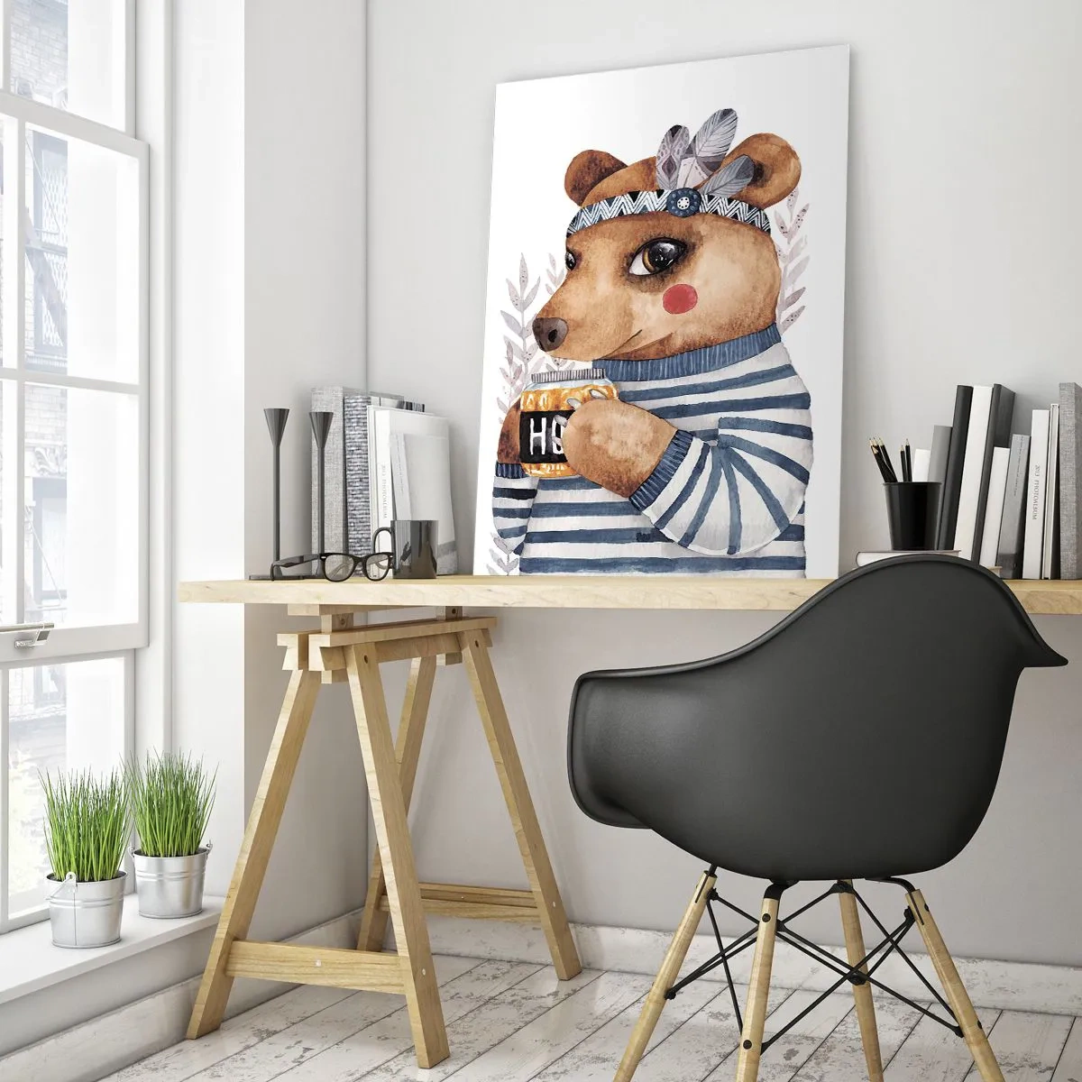 Glasbild - Bild auf glas - Ein gestreifter Teddybär mit einer Tasse Honig und Federn - 50x70cm - Süße Bärin - Moderne Wanddekoration für Wohnzimmer und Schlafzimmer ARTTOR