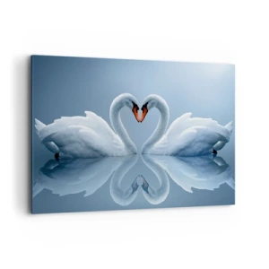 Bild auf Leinwand - Leinwandbild - Zwei Schwäne bilden ein Herz auf einer ruhigen Wasseroberfläche - 100x70cm - Zeit für die Liebe - Moderne Wanddekoration für Wohnzimmer und Schlafzimmer ARTTOR