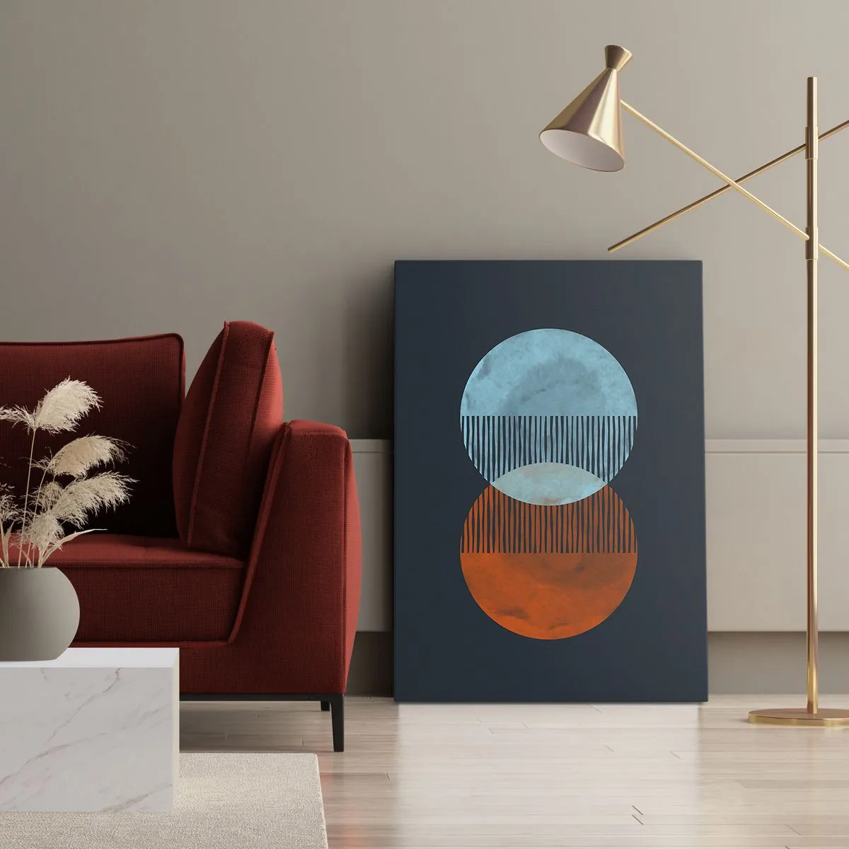Bild auf Leinwand - Leinwandbild - Zwei orange und blaue Kreise auf dunklem Hintergrund - 80x120cm - Astronomische Fantasie - Moderne Wanddekoration für Wohnzimmer und Schlafzimmer ARTTOR